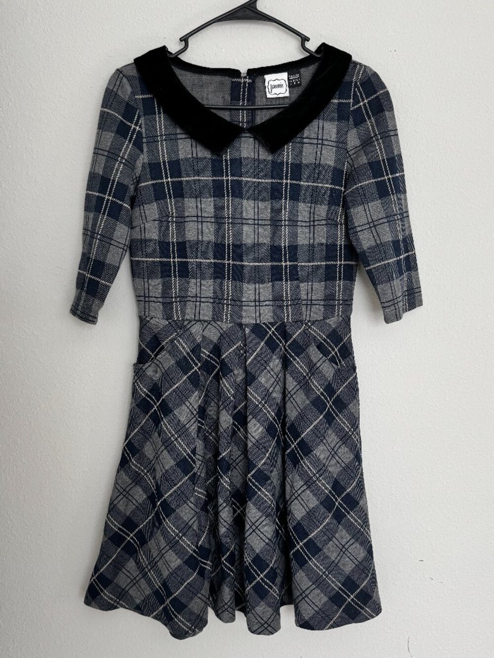 Joanie Plaid Drop Waist Dress Black Velvet Peter Pan Collar Pockets Size 4